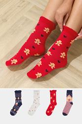 4 PACK Blue & Red Gingerbread Christmas Socks | Yours Clothing 1