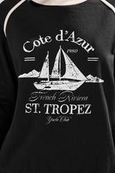 LTS Tall Black 'Cote d'Azur' Slogan Pipe Detail Sweatshirt | Long Tall Sally  4