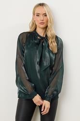 LTS Tall Dark Green Organza Tie Neck Blouse | Long Tall Sally 1
