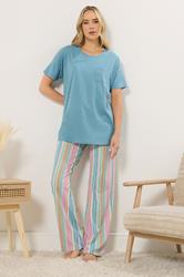 LTS Tall Women's Teal Blue Striped Wide Leg Pyjama Set | Long Tall Sally 1