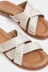 Gold Woven Cross Strap Footbed Sandals In Wide E Fit | Yours Clothing 5