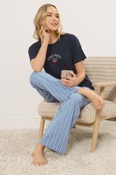 LTS Tall Women's Navy Blue 'Sunday Brunch' Slogan Striped Pyjama Set | Long Tall Sally 1