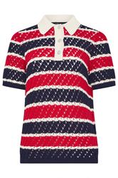 LTS Tall Woman's Blue & Red Crochet Stripe Polo Top | Long Tall Sally 2