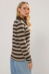 LTS Tall Chocolate Brown Striped Jersey Polo Top | Long Tall Sally 3