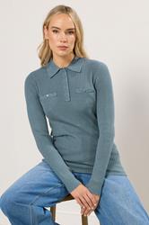 LTS Tall Blue Marl Knitted Polo Top | Long Tall Sally 1