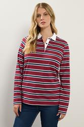 LTS Tall Red & Navy Blue Striped Jersey Polo Top | Long Tall Sally 1