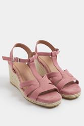Pink Faux Suede T-Bar Wedge Sandals In Wide E Fit