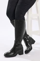 Black Square Toe Knee High Boots In Extra Wide EEE Fit | Yours Clothing 1