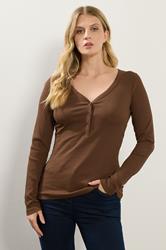 LTS Tall Chocolate Brown Cotton Ribbed Henley Top | Long Tall Sally 2