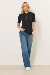 LTS Tall Black Half Zip Ribbed Collared Top | Long Tall Sally 3