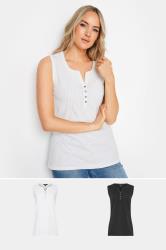 LTS 2 PACK Tall Women's Black & White Cotton Henley Vest Tops | Long Tall Sally 1