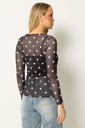 LTS Tall Women's Chocolate Brown Polka Dot Mesh Top | Long Tall Sally 1