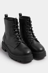 Black Faux Leather Chunky Lace Up Boots In Extra Wide EEE Fit | Yours Clothing 2