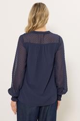 LTS Tall Women's Navy Blue Dobby Spot Shirred Cuff Top | Long Tall Sally 3