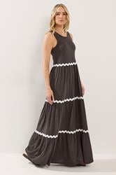 LTS Tall Women's Chocolate Brown Contrast Swirl Tiered Cotton Maxi Dress | Long Tall Sally 1