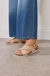Beige Brown Cross Strap Footbed Sandals In Wide E & Extra Wide EEE Fit 1
