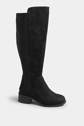 Black Faux Suede Elasticated Knee High Boots In Extra Wide EEE Fit | Yours Clothing 1