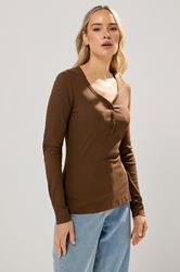 LTS Tall Chocolate Brown Cotton Ribbed Henley Top | Long Tall Sally 1