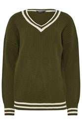 LTS Tall Khaki Green Stripe V-Neck Jumper