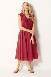 LTS Tall Women's Berry Red Tie Front Cotton Midi Dress | Long Tall Sally 1