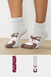 2 PACK Grey & Red Reindeer Fluffy Bed Socks | Yours Clothing 1