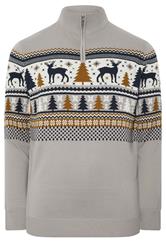 BadRhino Big & Tall Grey Fairisle Deer Quarter Zip Knitted Jumper | BadRhino 1