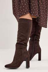 Brown Faux Suede Heeled Knee High Boots In Standard Fit | Yours Clothing 1