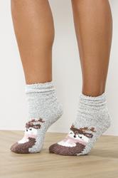2 PACK Grey & Red Reindeer Fluffy Bed Socks | Yours Clothing 2