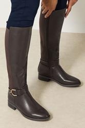 Brown Buckle Stretch Back Knee High Boots In Standard Fit | Yours Clothing 1