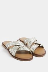 LTS Gold Faux Leather Woven Mule Sandals In Standard Fit | Long Tall Sally 1
