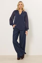 LTS Tall Women's Navy Blue Dobby Spot Shirred Cuff Top | Long Tall Sally 2