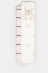 2 PACK White & Pink Teddy Bear Fluffy Bed Socks | Yours Clothing 6