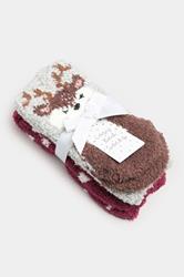 2 PACK Grey & Red Reindeer Fluffy Bed Socks | Yours Clothing 4