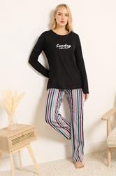 LTS Tall Black Striped 'Coffee Club' Slogan Pyjama Set | Long Tall Sally 1