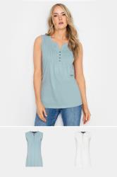LTS 2 PACK Tall Women's Light Blue & White Cotton Henley Vest Tops | Long Tall Sally 1
