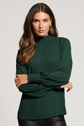 LTS Tall Dark Green High Neck Crinkle Blouse | Long Tall Sally 1
