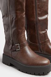 Brown Faux Leather Buckle Chunky Knee High Boots In Standard Fit | Yours Clothing 5