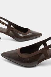 Chocolate Brown Croc Embossed Sling Back Heels In Wide E Fit | Yours Clothing 5