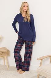 LTS Tall Navy Blue & Red Cotton Check Pyjama Bottoms | Long Tall Sally 1