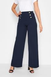 LTS Tall Navy Blue Button Wide Leg Trousers | Long Tall Sally 1