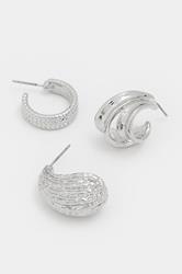 YOURSET 3 PACK Silver Textured Hoop Earrings | Yours Clothing 4