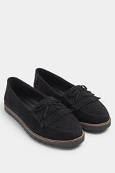 Black Faux Suede Fringe Loafers In Wide E Fit | Yours Clothing 1