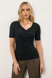 LTS Tall Black Ribbed Short Sleeve Henley Top | Long Tall Sally 1