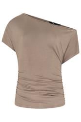 LTS Tall Mocha Brown Off Shoulder Ruched Top