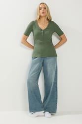 LTS Tall Green Ribbed Short Sleeve Henley Top | Long Tall Sally 2