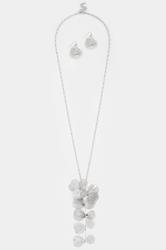 Silver Tone Long Flower Necklace & Earrings Set | Yours Clothing 3