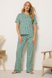 LTS Tall Women's Green Cherry Print Cotton Wide Leg Pyjama Set | Long Tall Sally 3
