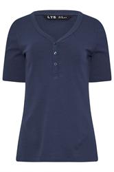 LTS Tall Navy Blue Ribbed Short Sleeve Henley Top