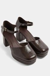 Brown Croc Faux Leather Platform Block Heels In Extra Wide EEE Fit | Yours Clothing 1