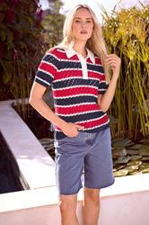 LTS Tall Woman's Blue & Red Crochet Stripe Polo Top | Long Tall Sally 1